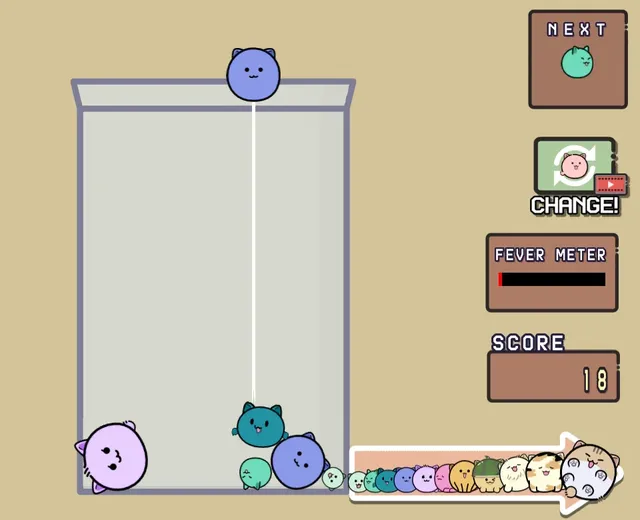 Cats Drop mid-game: matching cats have fused into a bigger cat and the score has climbed to 18